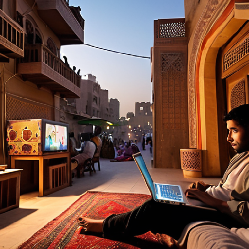 **Prompt:** A cozy, modern living room at dusk, with a person (gender-neutral) comfortably seated on a sofa, looking at a laptop screen. The screen acts as a vivid portal, seamlessly extending into a bustling, vibrant street scene of an Arab city like Cairo or Dubai, complete with traditional architecture, marketplaces, and people. Soft, warm light from the 'portal' illuminates the person's face, conveying a sense of immersive learning and cultural connection from home. The atmosphere is one of discovery and tranquility. Highly detailed, realistic lighting, cinematic quality.