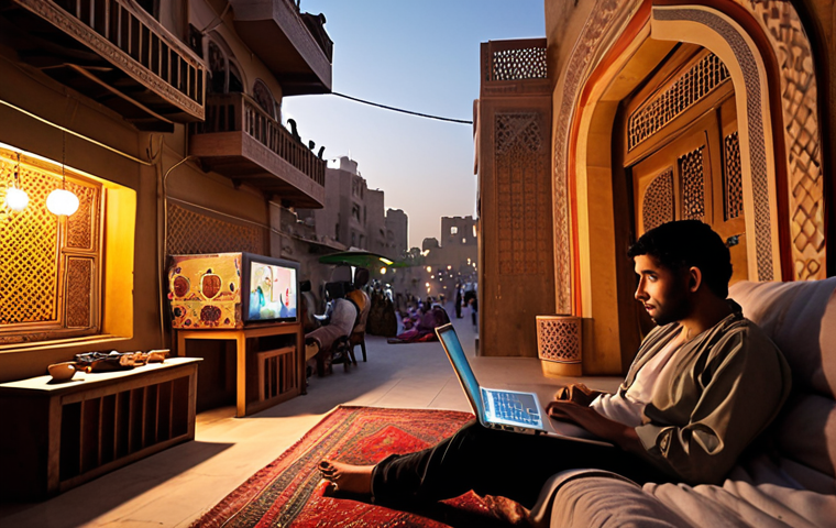 **Prompt:** A cozy, modern living room at dusk, with a person (gender-neutral) comfortably seated on a sofa, looking at a laptop screen. The screen acts as a vivid portal, seamlessly extending into a bustling, vibrant street scene of an Arab city like Cairo or Dubai, complete with traditional architecture, marketplaces, and people. Soft, warm light from the 'portal' illuminates the person's face, conveying a sense of immersive learning and cultural connection from home. The atmosphere is one of discovery and tranquility. Highly detailed, realistic lighting, cinematic quality.