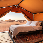 A luxurious glamping tent at sunrise in a vast, golden desert landscape. The tent features a plush interior with modern comforts like a soft bed and air conditioning, looking out onto the breathtaking orange dunes. The scene should convey serenity, opulence, and the harmonious blend of high-end comfort with untouched nature.
