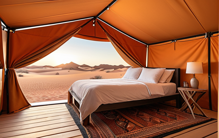 A luxurious glamping tent at sunrise in a vast, golden desert landscape. The tent features a plush interior with modern comforts like a soft bed and air conditioning, looking out onto the breathtaking orange dunes. The scene should convey serenity, opulence, and the harmonious blend of high-end comfort with untouched nature.