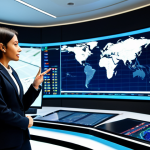 A professional Arab businesswoman in a modest business suit and a male engineer in professional, smart-casual attire. They are standing in a high-tech motorsport control room, filled with large digital screens displaying race data and economic projections, with a panoramic view of a modern, world-class race track under a clear sky. The businesswoman is gesturing towards a screen, engaged in a discussion with the engineer, both looking attentive and focused. Professional corporate photography, vibrant, crisp detail, bright lighting, realistic rendering, safe for work, appropriate content, fully clothed, professional, modest clothing, appropriate attire, professional dress, perfect anatomy, correct proportions, natural pose, well-formed hands, proper finger count, natural body proportions.