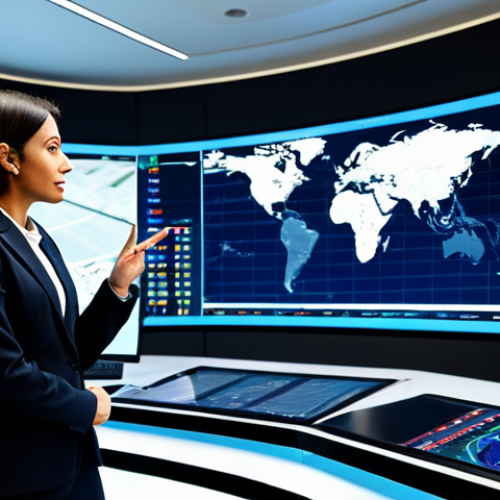 A professional Arab businesswoman in a modest business suit and a male engineer in professional, smart-casual attire. They are standing in a high-tech motorsport control room, filled with large digital screens displaying race data and economic projections, with a panoramic view of a modern, world-class race track under a clear sky. The businesswoman is gesturing towards a screen, engaged in a discussion with the engineer, both looking attentive and focused. Professional corporate photography, vibrant, crisp detail, bright lighting, realistic rendering, safe for work, appropriate content, fully clothed, professional, modest clothing, appropriate attire, professional dress, perfect anatomy, correct proportions, natural pose, well-formed hands, proper finger count, natural body proportions.