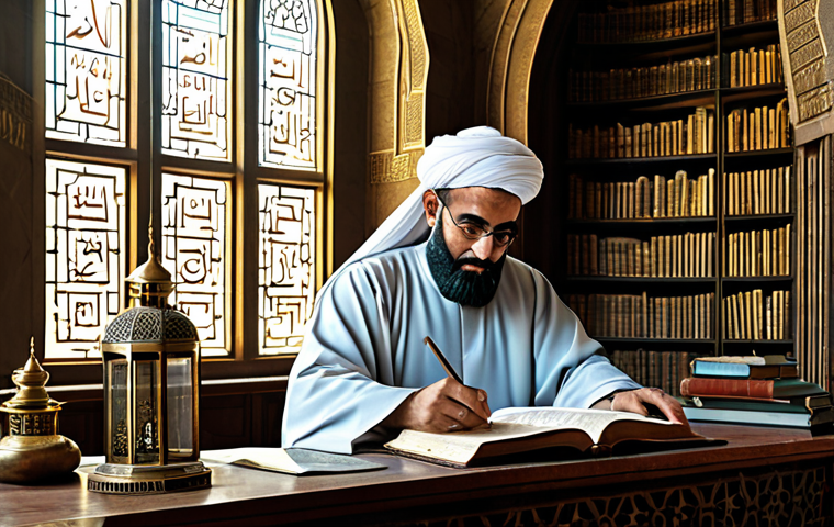 **

"A historical depiction of an Arab scholar in traditional clothing, meticulously studying ancient mathematical texts featuring Arabic numerals. The scene is set in a grand library in Baghdad during the Golden Age of Islam, filled with scrolls, astrolabes, and other scientific instruments. Light streams in through arched windows. Fully clothed, appropriate attire, safe for work, perfect anatomy, natural proportions, professional illustration, high quality."

**