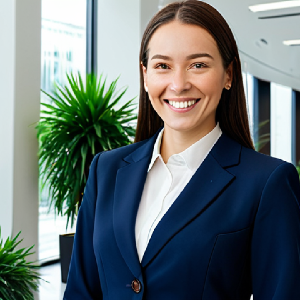 아랍어권에서의 비즈니스 매너 - A professional businesswoman in a modest, navy blue business suit, smiling confidently while standin...
