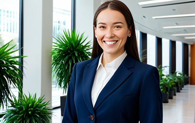 아랍어권에서의 비즈니스 매너 - A professional businesswoman in a modest, navy blue business suit, smiling confidently while standin...