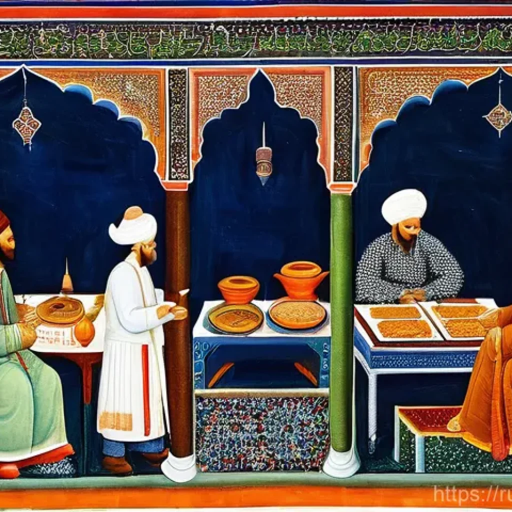 아랍어와 터키어 연관성 - **Title: Crossroads of Knowledge and Trade**
A bustling scene set in a vibrant marketplace or an...