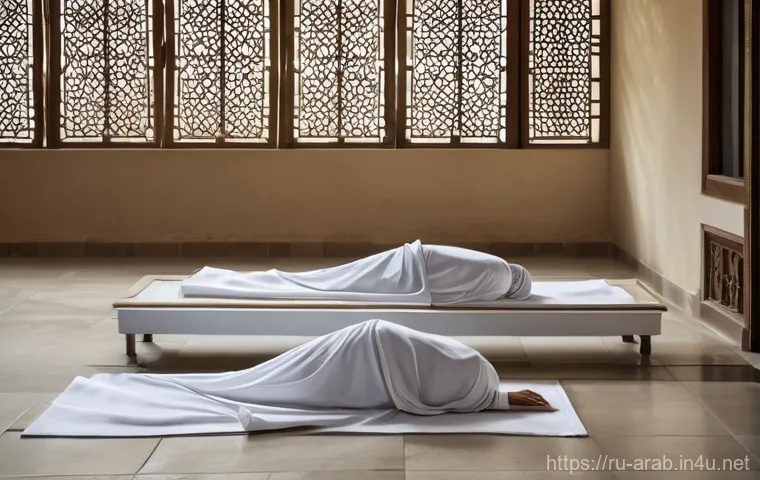 아랍어권에서의 장례식 문화 - Image Prompt 1: The Sacred Shrouding (Kafan)** 아랍어권에서의 장례식 문화 - Image Prompt 1: The Sacred Shrouding (Kafan)**