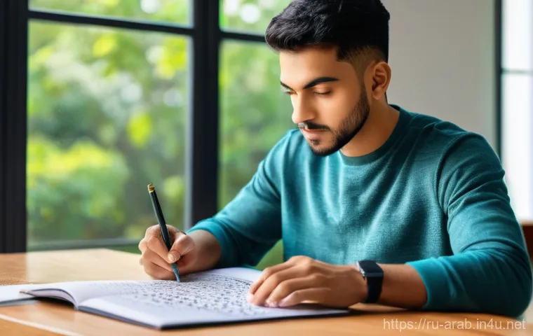 아랍어 인칭대명사 - **Prompt 1: The Focused Learner**
"A young man (18-25 years old) with short, neatly styled hair ...