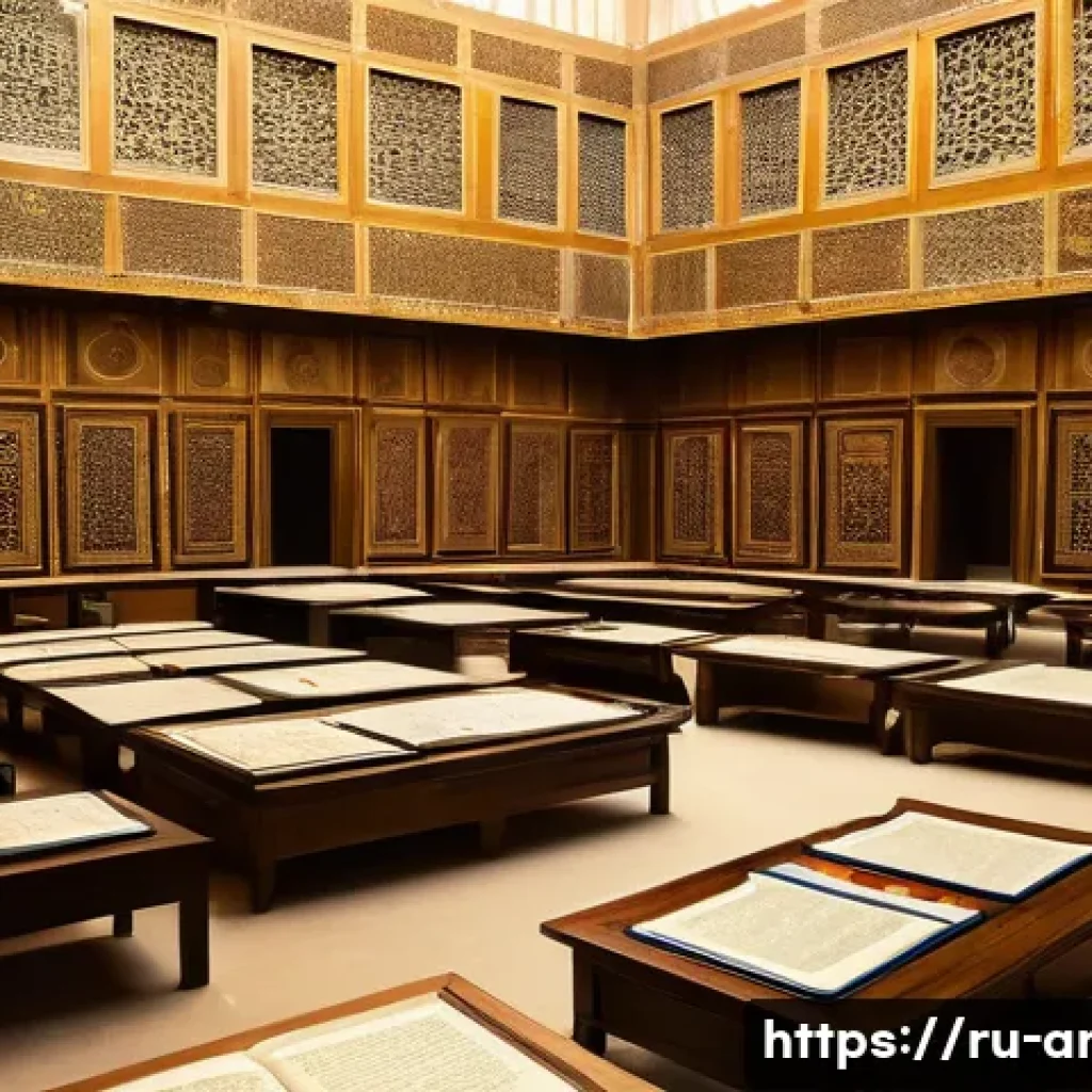 아랍어를 사용하는 유명 인물 - A vibrant historical scene inside the grand House of Wisdom in Baghdad during the Islamic Golden Age...