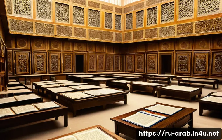 아랍어를 사용하는 유명 인물 - A vibrant historical scene inside the grand House of Wisdom in Baghdad during the Islamic Golden Age...