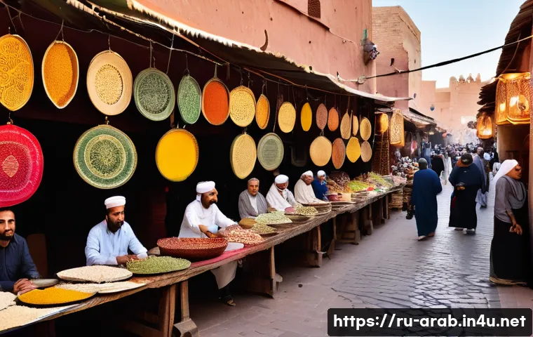 아랍어 사용 국가 목록 - A vibrant street scene in a North African city such as Marrakech, Morocco, showcasing a diverse crow...