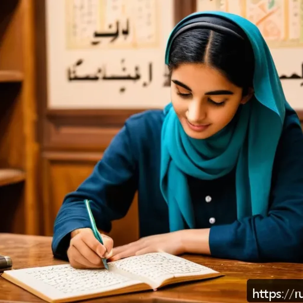 아랍어 독학 방법 - A cozy study scene showing a young adult learner sitting at a wooden desk in a warmly lit room, prac...