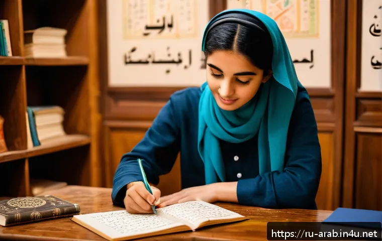 아랍어 독학 방법 - A cozy study scene showing a young adult learner sitting at a wooden desk in a warmly lit room, prac...