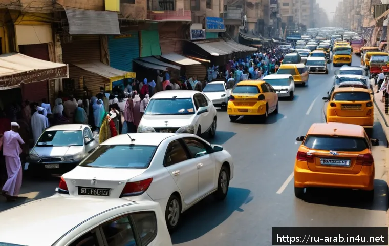 아랍어권에서의 교통 문화 - A bustling urban street scene in Cairo, Egypt, during daytime showing a diverse mix of vehicles incl...