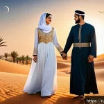 Home 18 아랍어권에서 출판된 유명 책 - A classical Arab literary scene depicting a noble couple in traditional attire, the woman wearing mo...