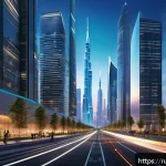 Home 23 아랍어권에서의 기술 혁신 - A futuristic Middle Eastern cityscape at dusk featuring sleek skyscrapers with integrated 5G antenna...