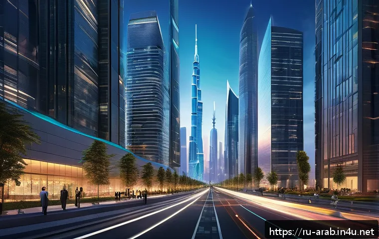아랍어권에서의 기술 혁신 - A futuristic Middle Eastern cityscape at dusk featuring sleek skyscrapers with integrated 5G antenna...