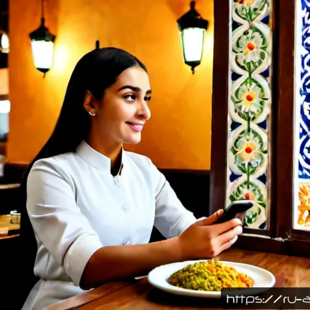 아랍어 레스토랑 주문 방법 - Photorealistic interior of a cozy Moscow Arabic restaurant, a Russian-speaking young woman seated at...