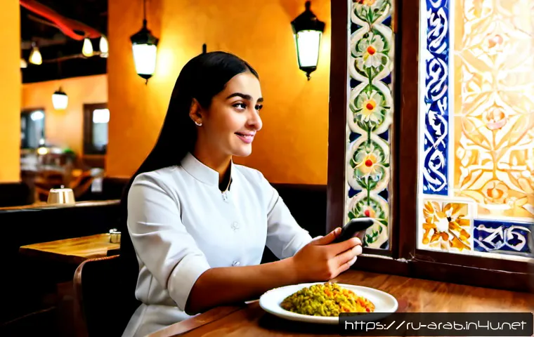 아랍어 레스토랑 주문 방법 - Photorealistic interior of a cozy Moscow Arabic restaurant, a Russian-speaking young woman seated at...